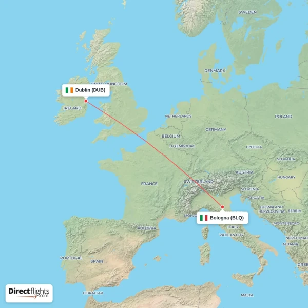 Bologna - Dublin direct flight map