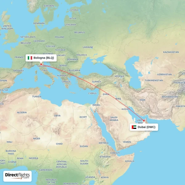 Bologna - Dubai direct flight map