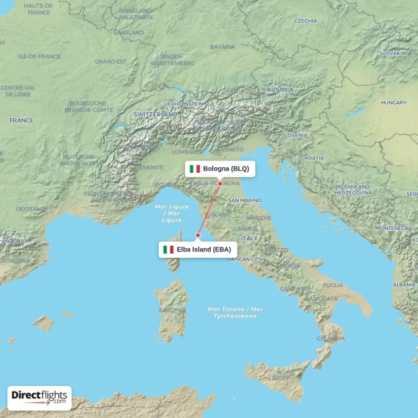 Bologna - Elba Island direct flight map