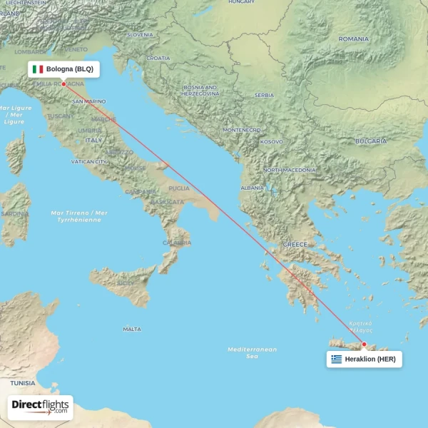Bologna - Heraklion direct flight map