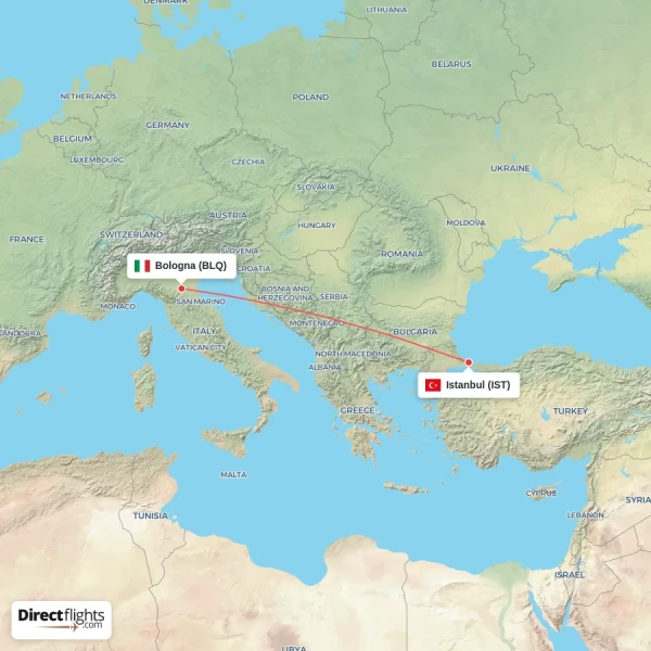 Bologna - Istanbul direct flight map