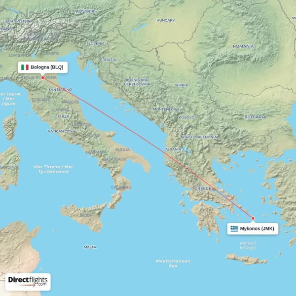Bologna - Mykonos direct flight map