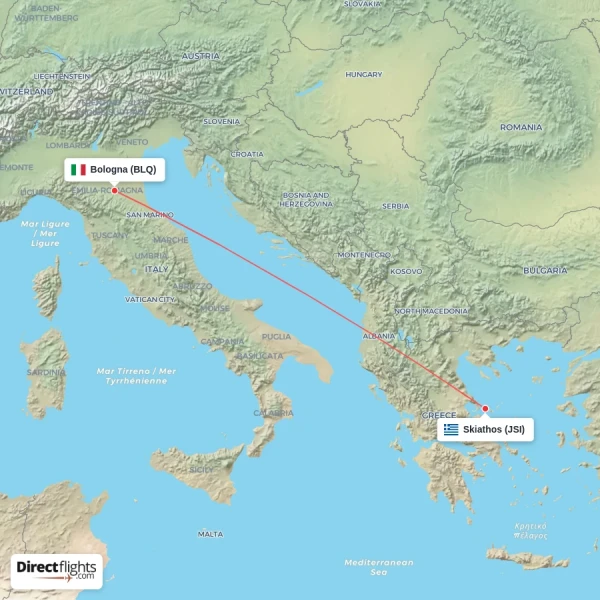 Bologna - Skiathos direct flight map