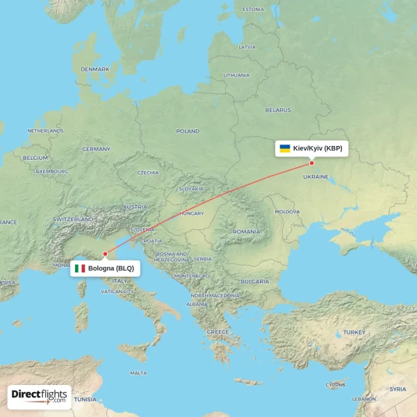 Bologna - Kiev/Kyiv direct flight map
