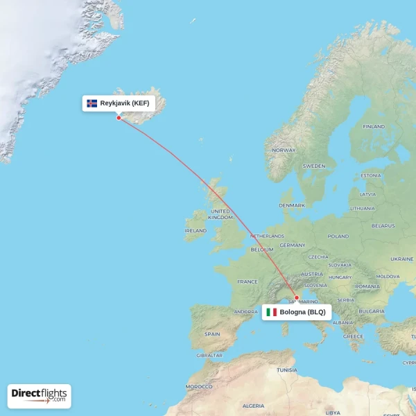 Bologna - Reykjavik direct flight map