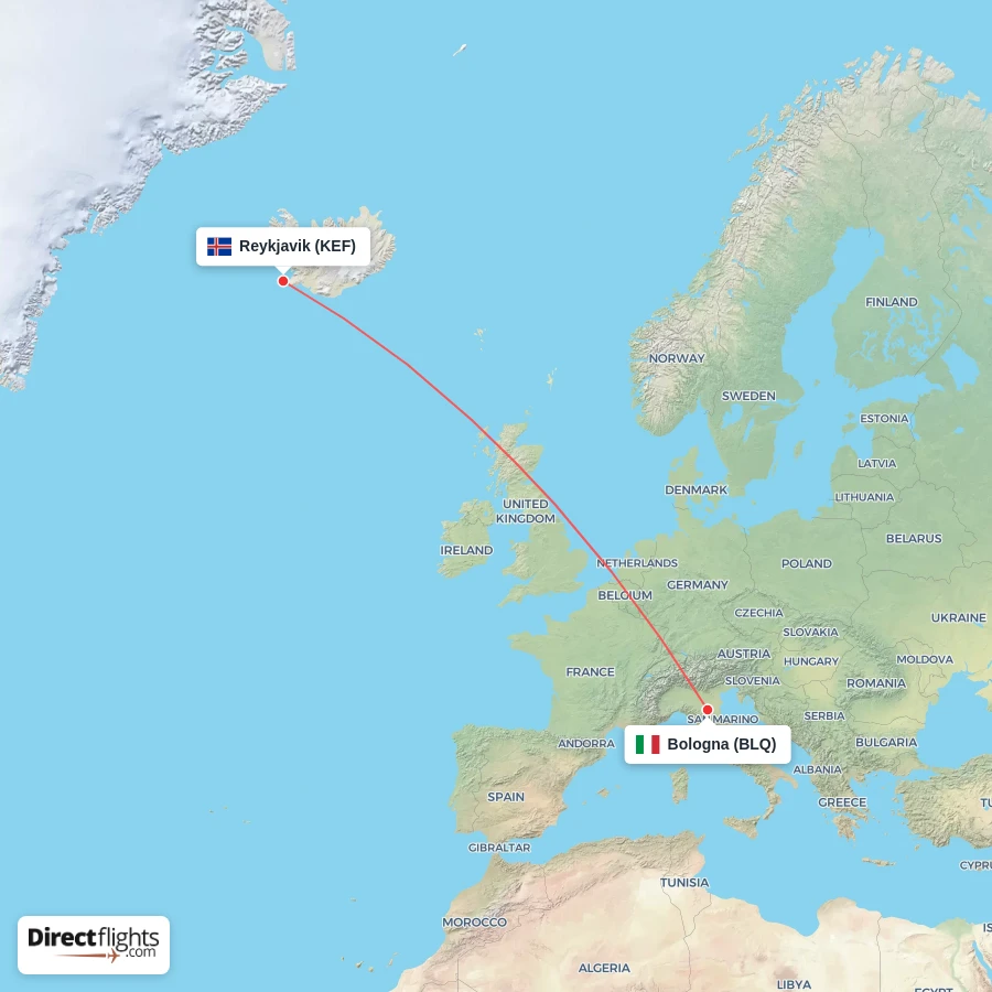 BLQ - KEF route map