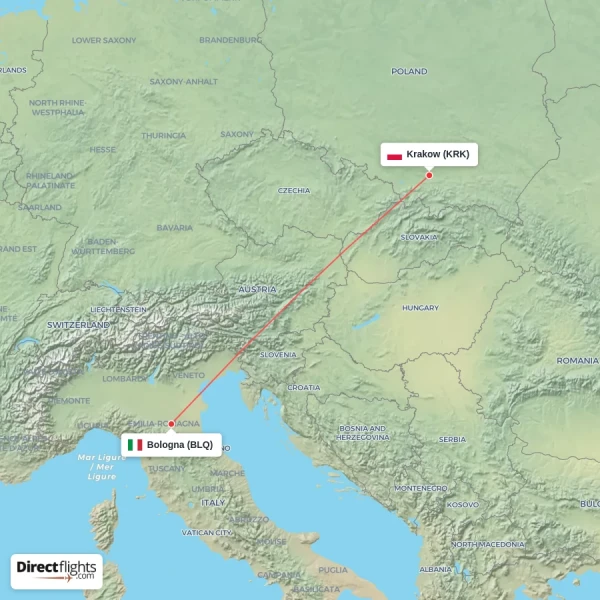 Bologna - Krakow direct flight map