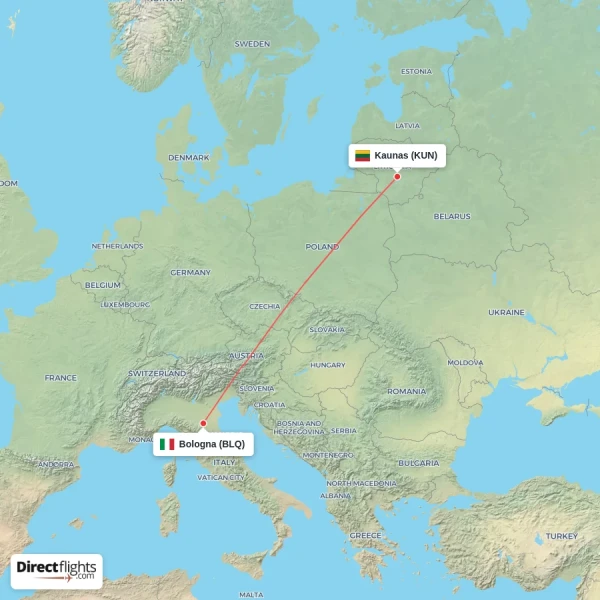 Bologna - Kaunas direct flight map