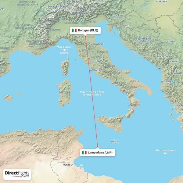 Bologna - Lampedusa direct flight map
