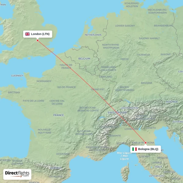 Bologna - London direct flight map