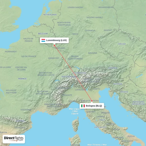 Bologna - Luxembourg direct flight map