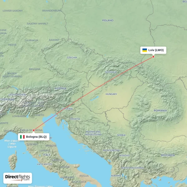 Bologna - Lviv direct flight map