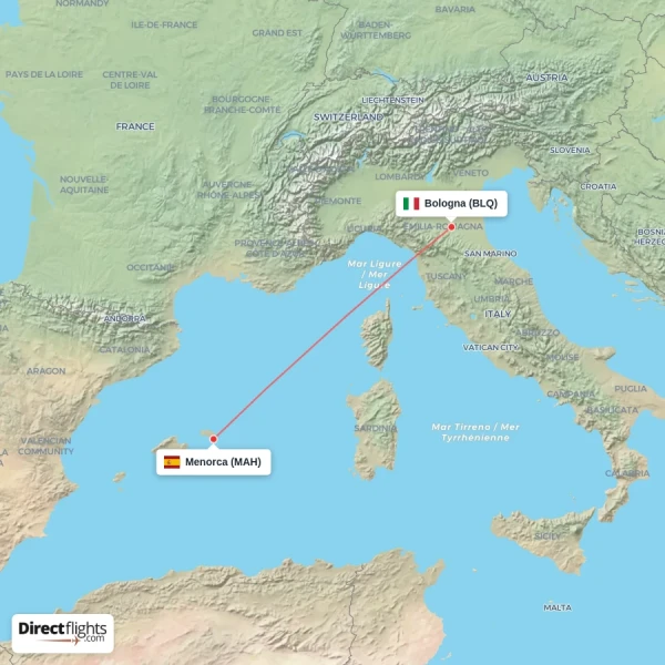 Bologna - Menorca direct flight map