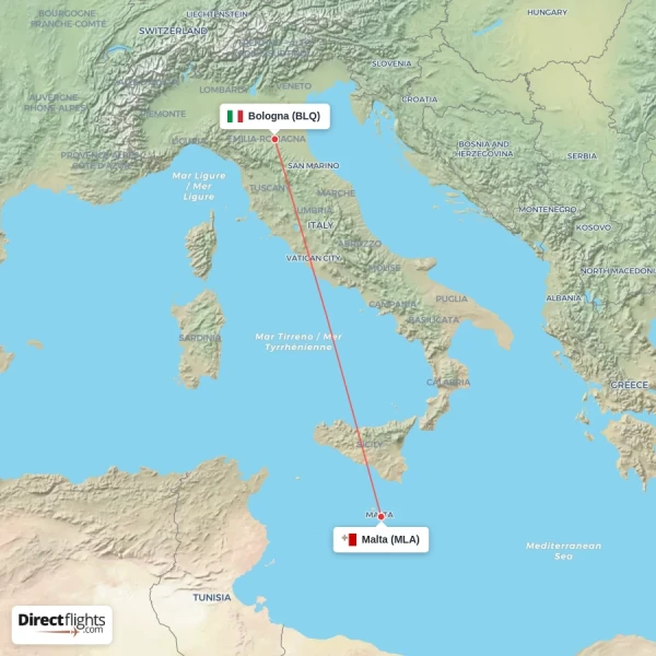 Bologna - Malta direct flight map