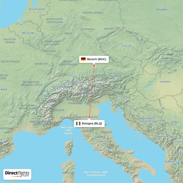 Bologna - Munich direct flight map