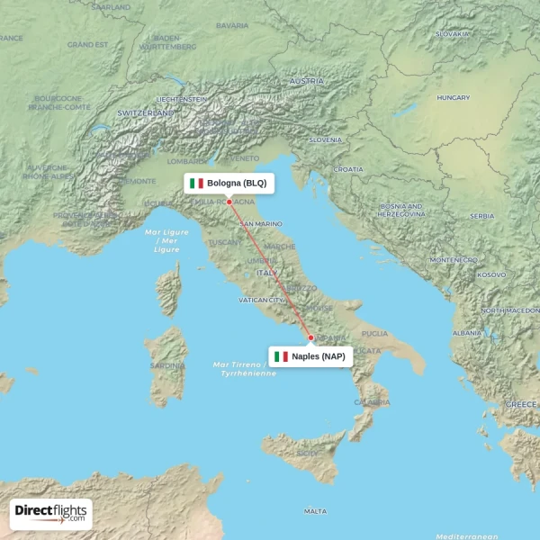 Bologna - Naples direct flight map