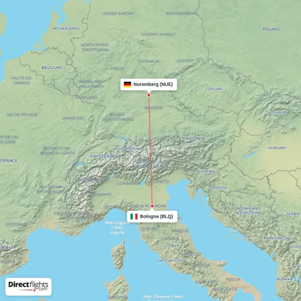 Bologna - Nuremberg direct flight map