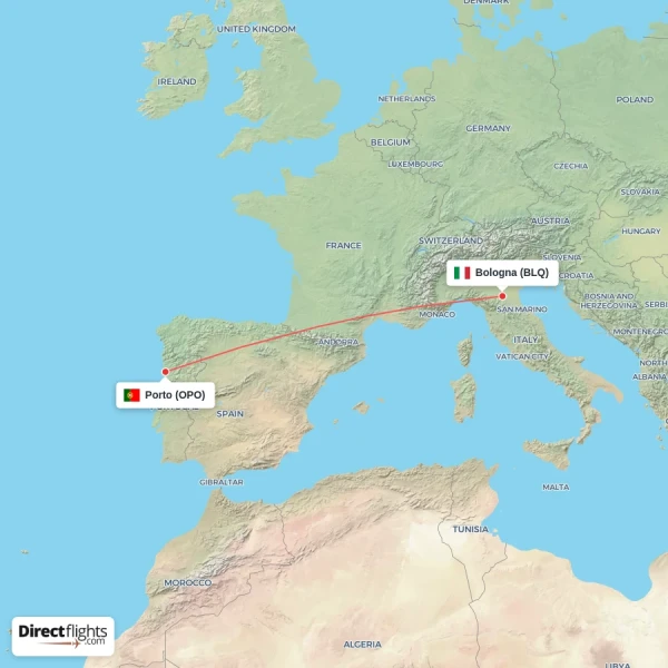 Bologna - Porto direct flight map