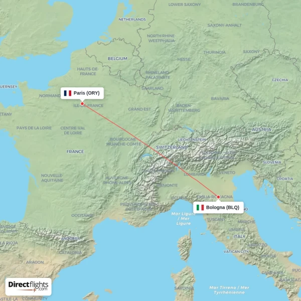 Bologna - Paris direct flight map