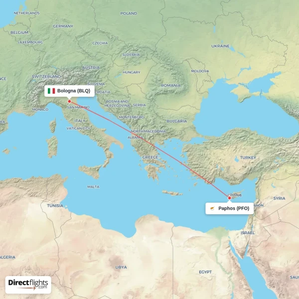 Bologna - Paphos direct flight map