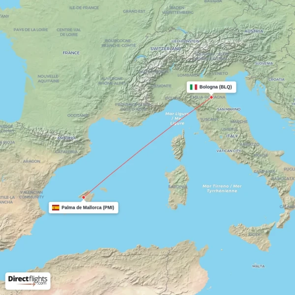 Bologna - Palma de Mallorca direct flight map