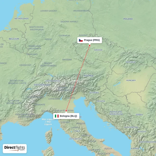 Bologna - Prague direct flight map