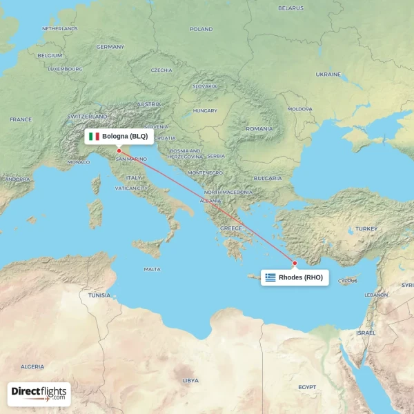 Bologna - Rhodes direct flight map