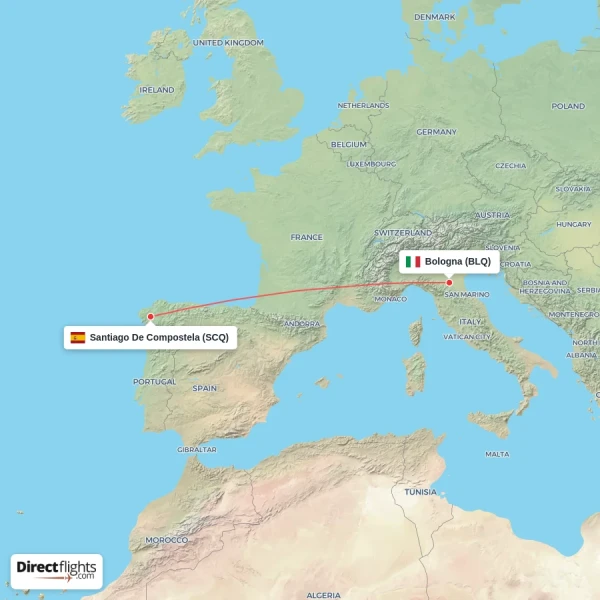 Bologna - Santiago De Compostela direct flight map