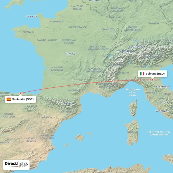 Bologna - Santander direct flight map