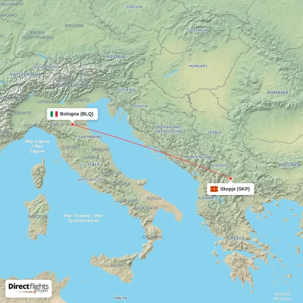 Bologna - Skopje direct flight map