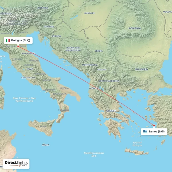 Bologna - Samos direct flight map