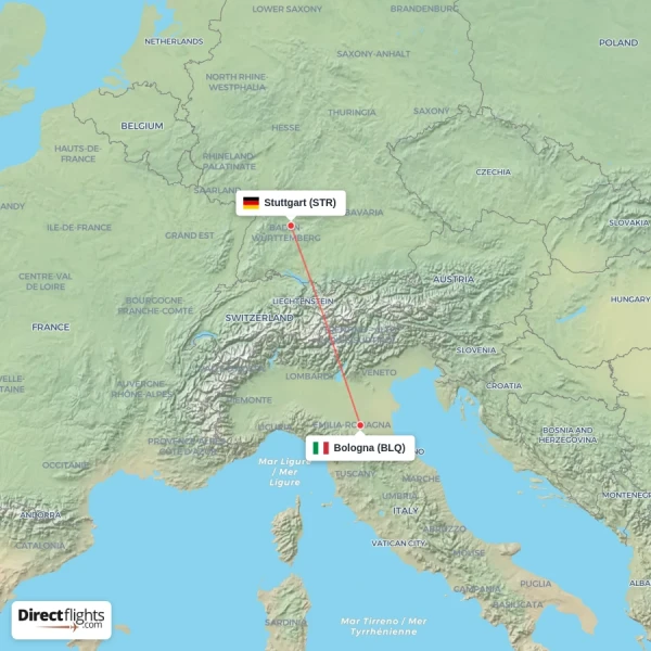 Bologna - Stuttgart direct flight map