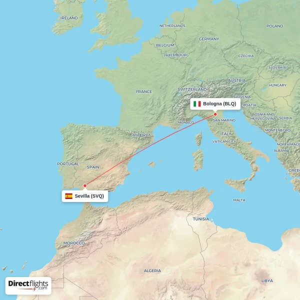 Bologna - Sevilla direct flight map