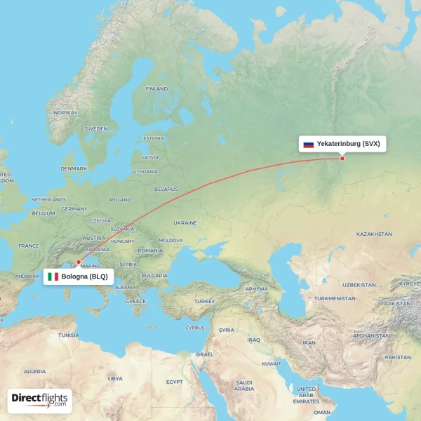 Bologna - Yekaterinburg direct flight map