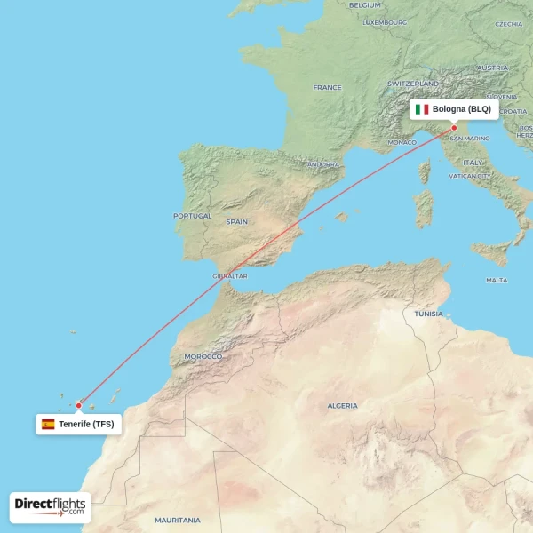 Bologna - Tenerife direct flight map