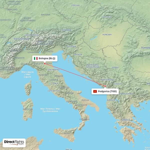 Bologna - Podgorica direct flight map