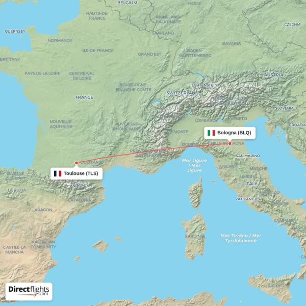 Bologna - Toulouse direct flight map
