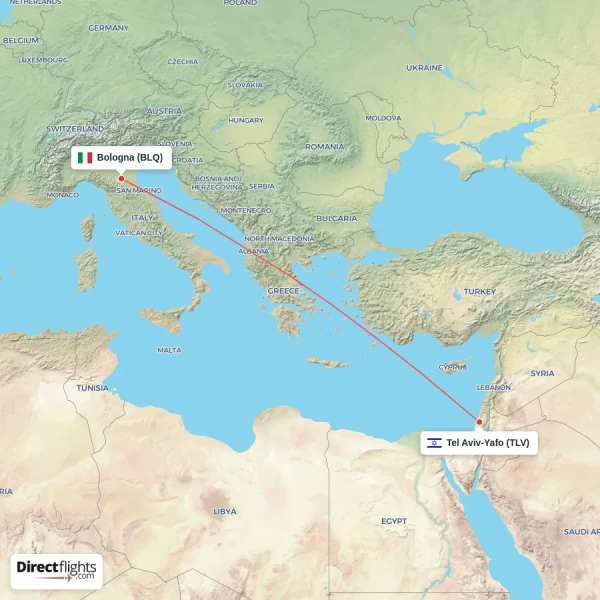 Bologna - Tel Aviv-Yafo direct flight map