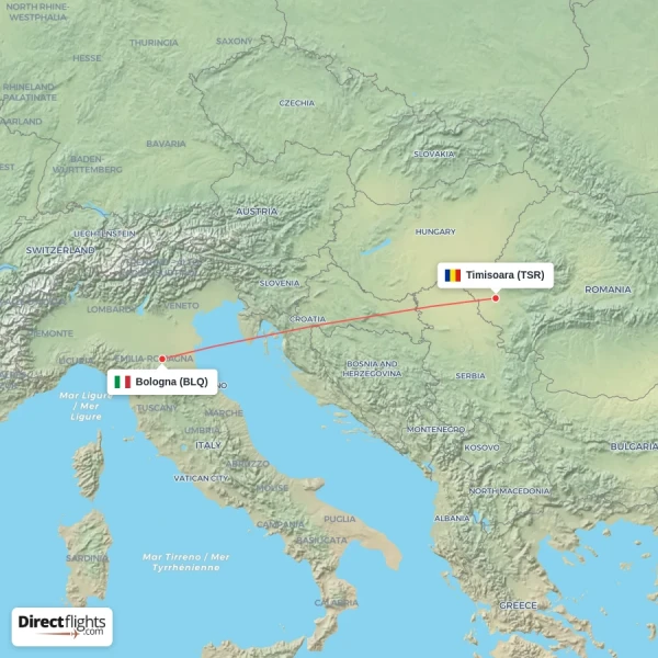 Bologna - Timisoara direct flight map