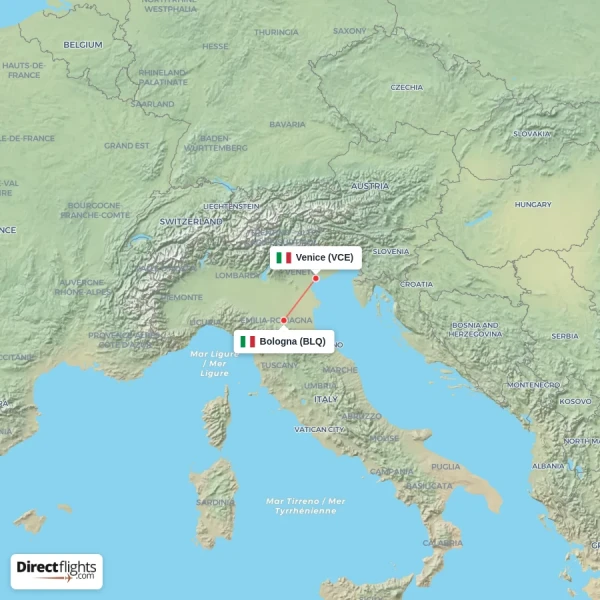 Bologna - Venice direct flight map