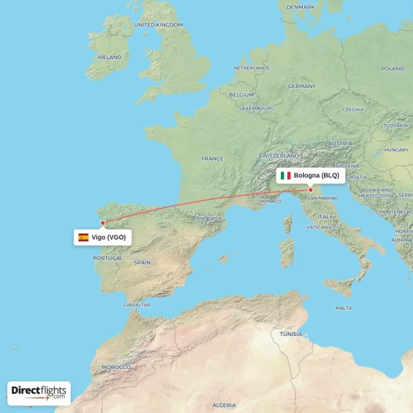 Bologna - Vigo direct flight map