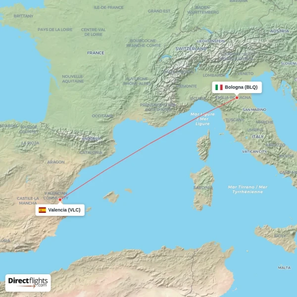 Bologna - Valencia direct flight map