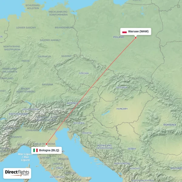 Bologna - Warsaw direct flight map