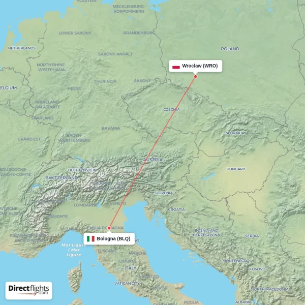 Bologna - Wroclaw direct flight map