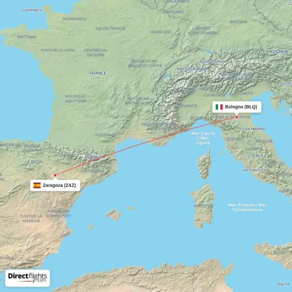 Bologna - Zaragoza direct flight map