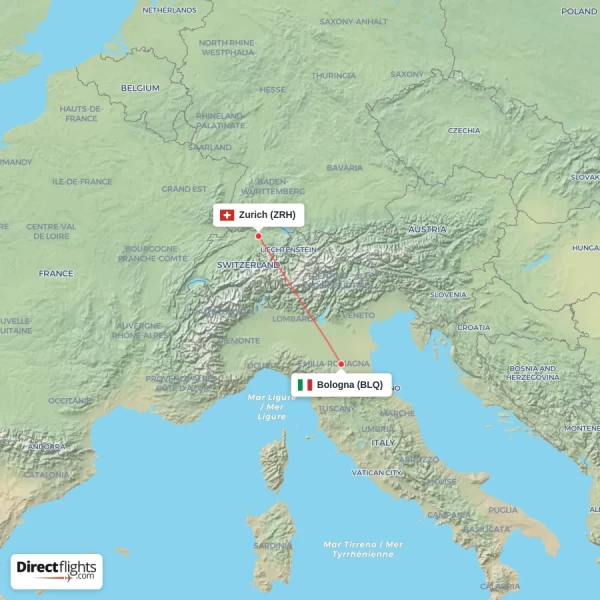 Bologna - Zurich direct flight map