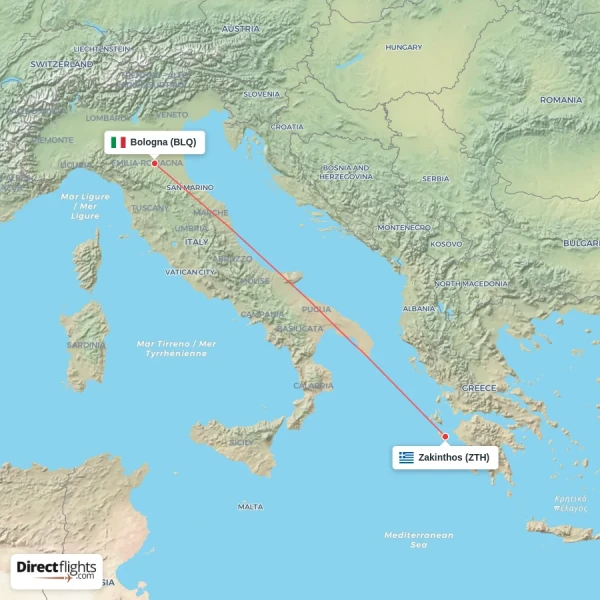 Bologna - Zakinthos direct flight map