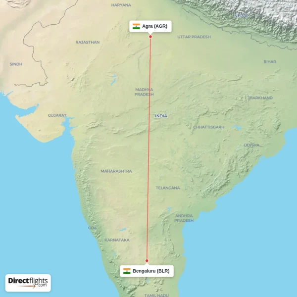 Bengaluru - Agra direct flight map