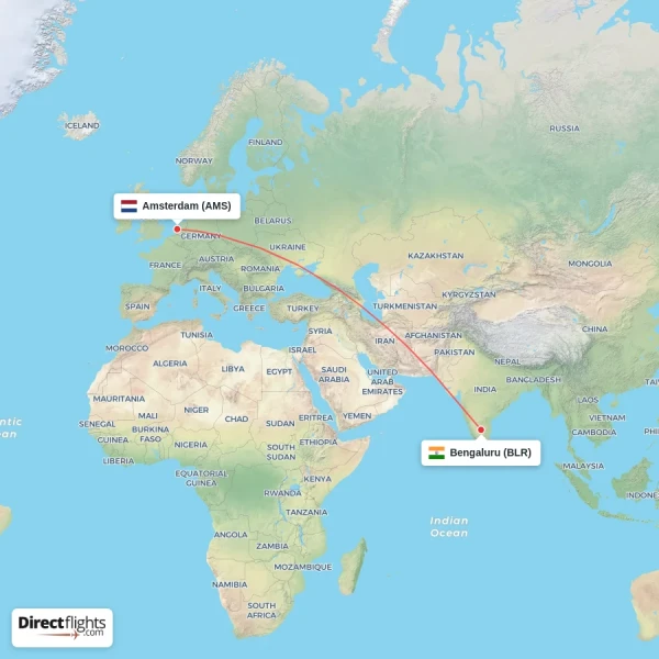 Bengaluru - Amsterdam direct flight map