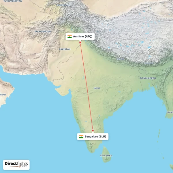Bengaluru - Amritsar direct flight map